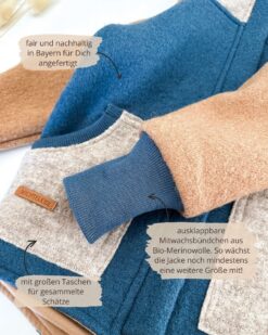 Colorblock Walkjacke für Kinder und Babys mit Wollbünchen aus Bio-Merinowolle